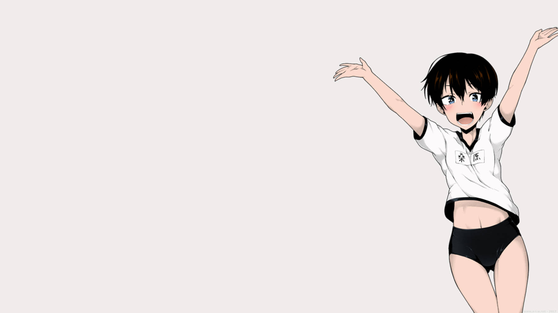 動漫女孩 桌布 壁紙 — 動漫女孩身穿白色運動球衣和黑色短褲，在純色背景前高舉雙臂歡快地跳躍。