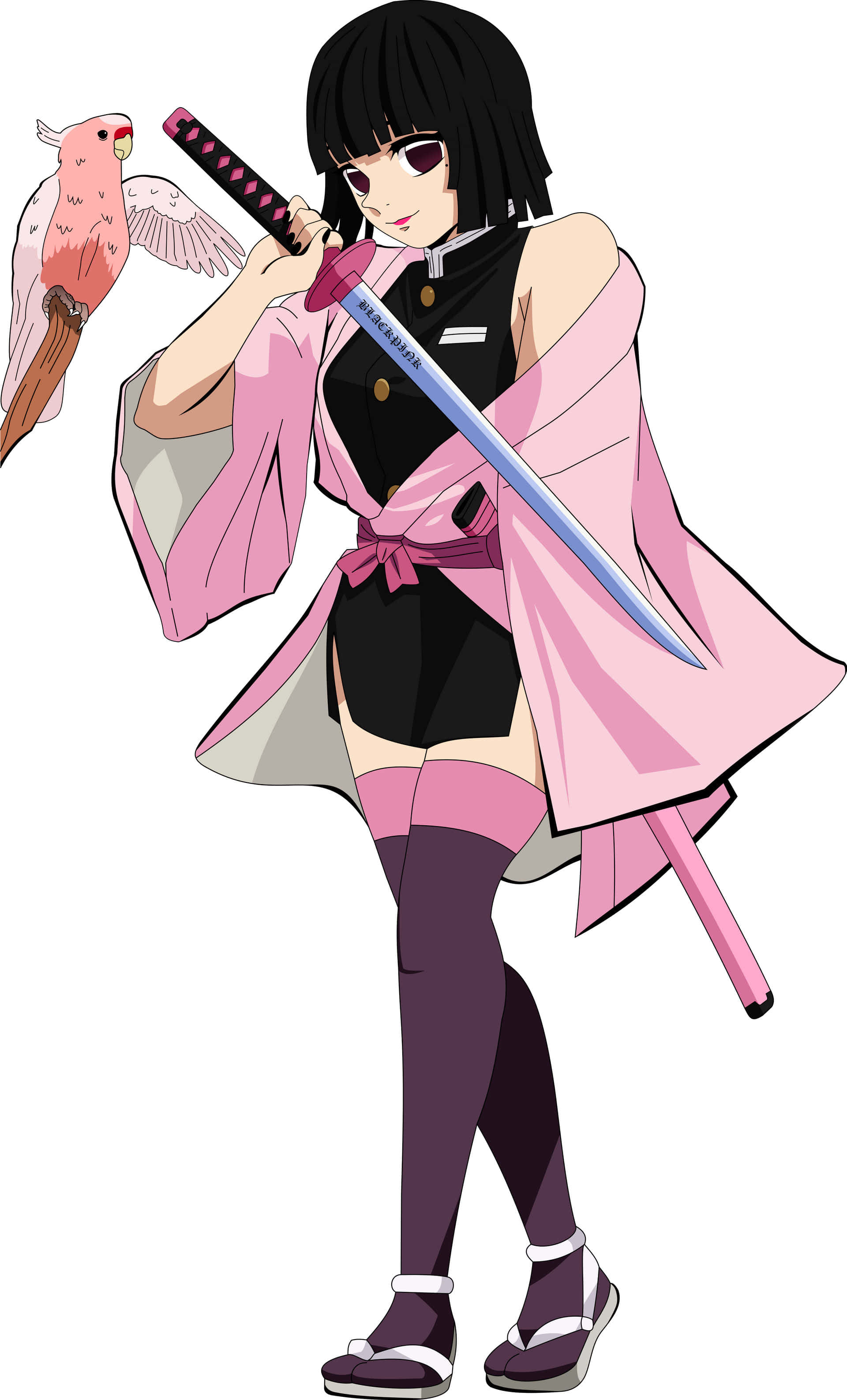 Demon Slayer Corps 桌布 壁紙 — 動漫女孩身穿粉紅色和服揮舞著劍，一隻粉紅色鸚鵡棲息在她的肩膀上，背景為白色。
