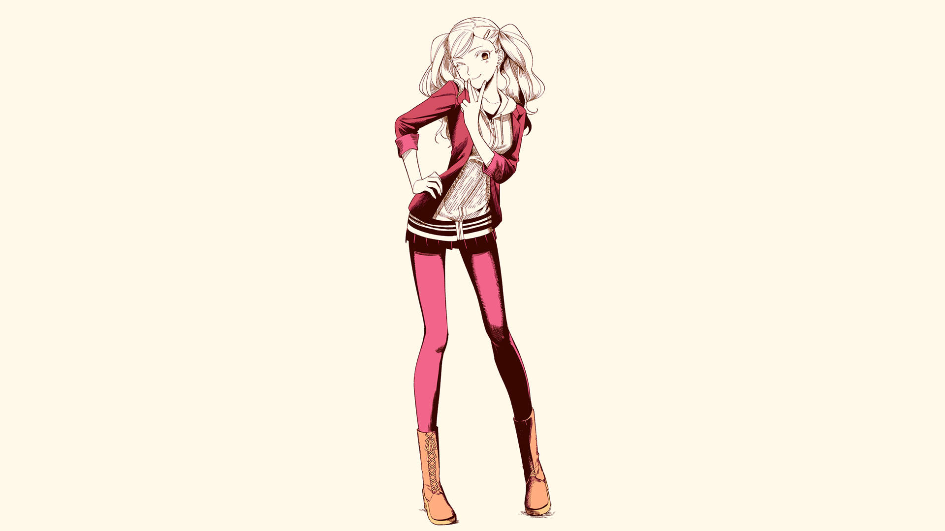 persona 5 4K 桌布 壁紙 — 動漫女孩身穿粉紅色服裝，雙手叉腰，自信地站在柔和的米色背景前。