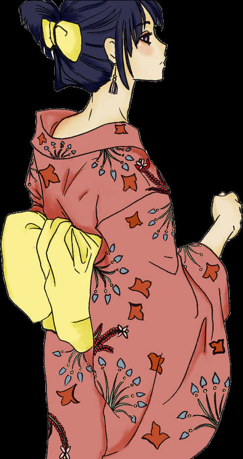 日向 桌布 壁紙 — 動漫女孩身穿粉紅色花卉和服，繫著黃色蝴蝶結和流蘇耳環，側面站在黑色背景前。