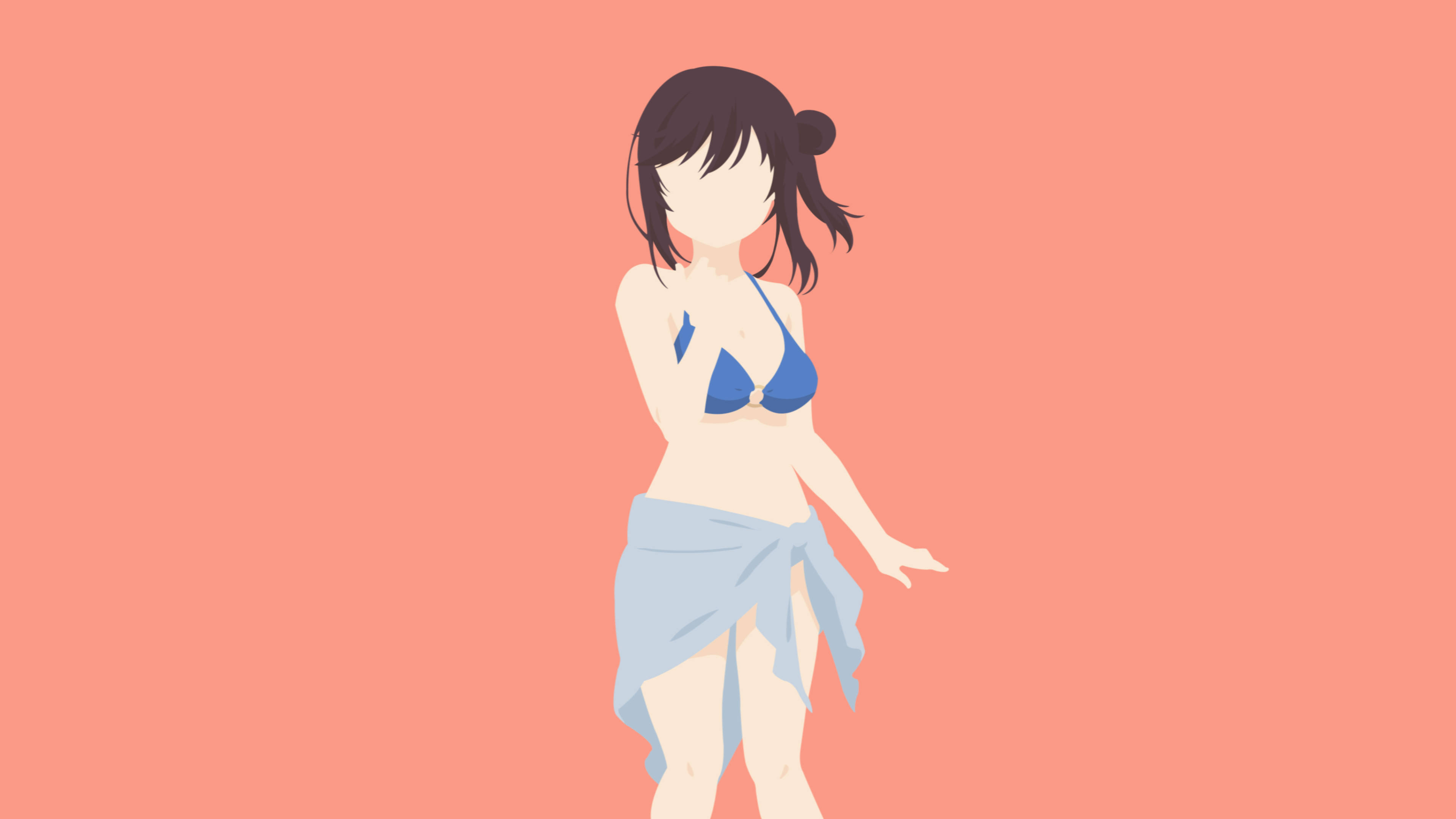 動漫女孩 桌布 壁紙 — 動漫女孩身穿藍色比基尼和毛巾，站在純珊瑚色背景前，採用極簡平面設計。