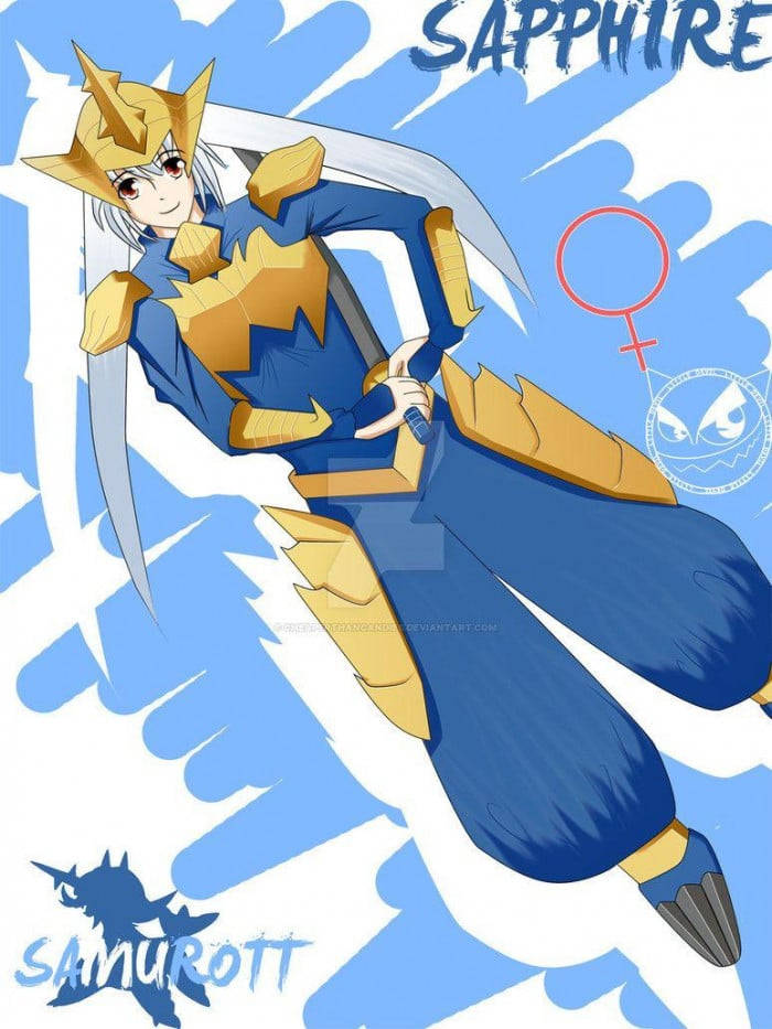 藍色 桌布 壁紙 — 動漫女孩身穿藍金色武士鎧甲，在動態的藍白背景下揮劍。