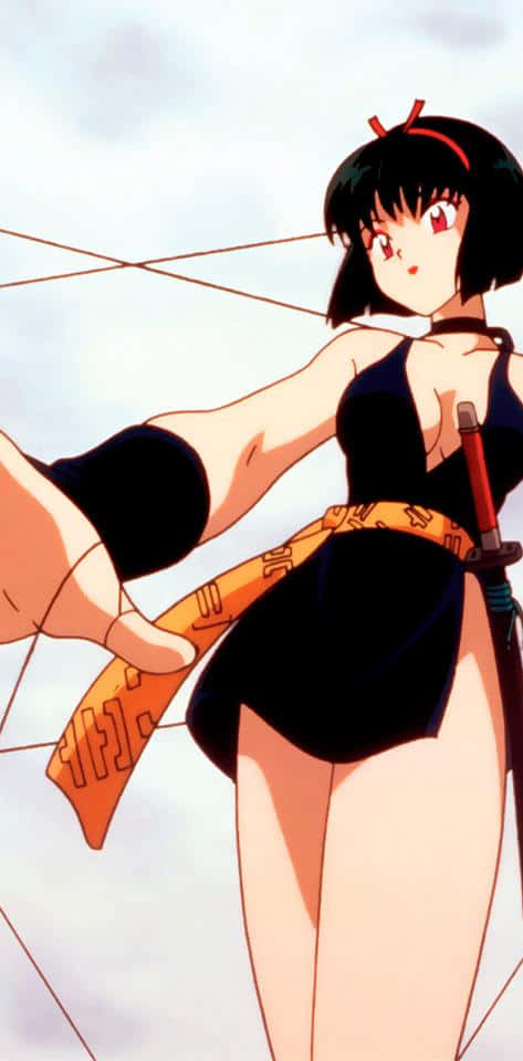 Inuyasha Yura 桌布 壁紙 — 動漫女孩身穿黑色服裝，紅眼睛，手持劍，在陰雲密佈的天空下擺出戰鬥姿勢。