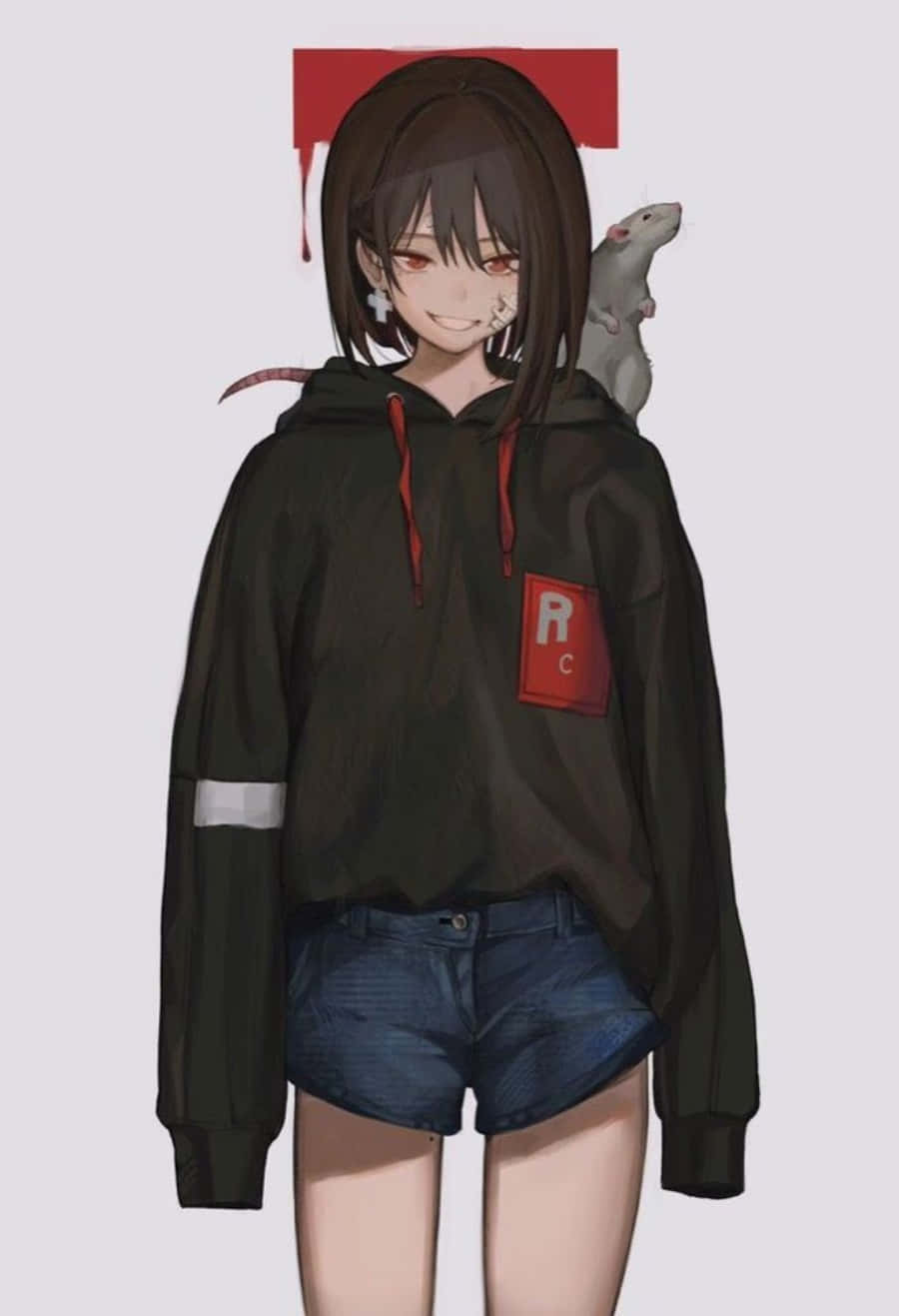 動漫女孩連帽上衣 桌布 壁紙 — 動漫女孩身穿黑色連帽衫，肩上有一隻老鼠，背景為純色。