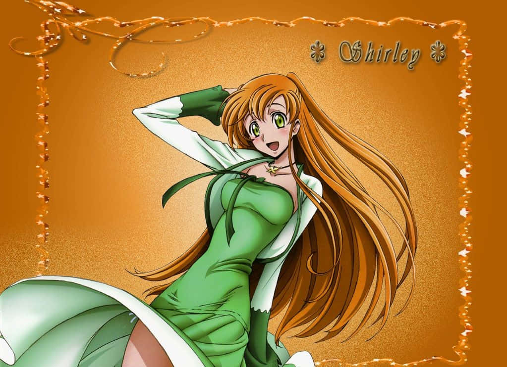 Shirley Fenette 桌布 壁紙 — 動漫女孩雪莉擁有長長的橙色頭髮和綠色眼睛，穿著綠色連衣裙，在金色紋理背景前頑皮地微笑。