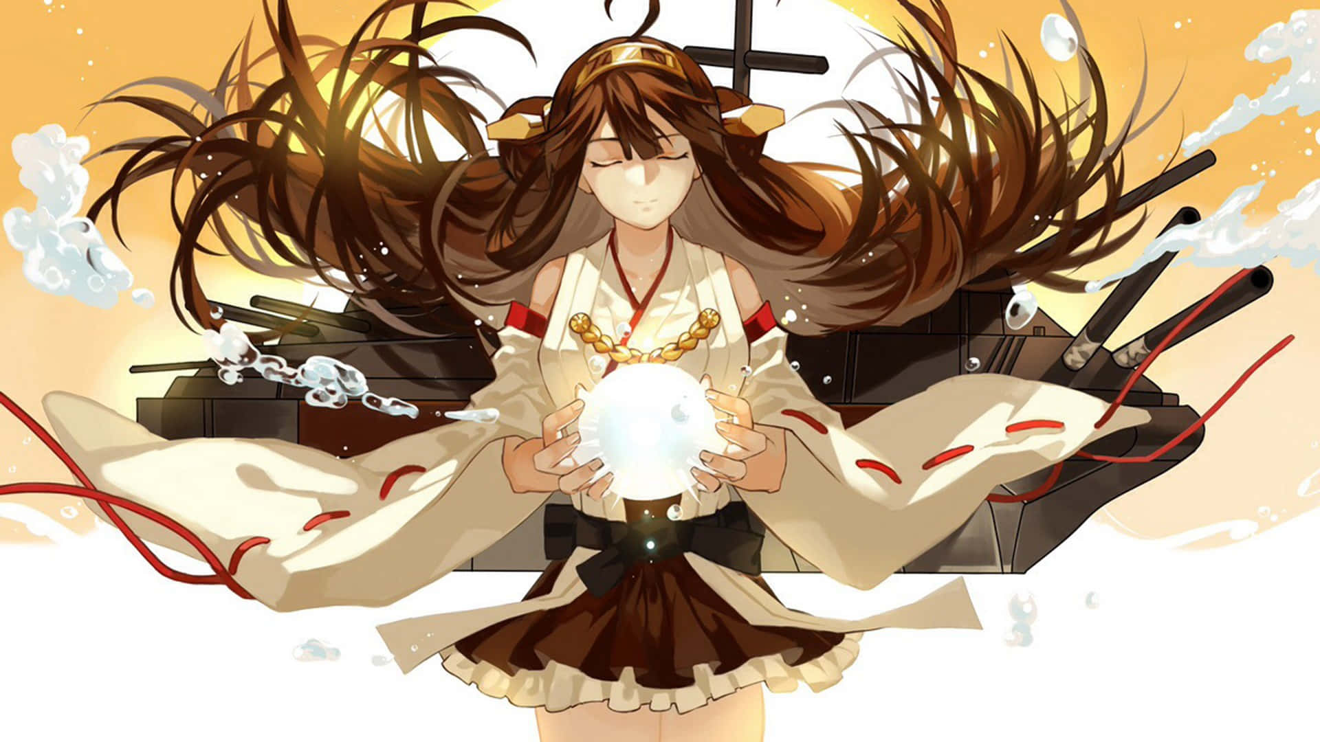 Kantai Collection 桌布 壁紙 — 動漫女孩飄逸著棕色頭髮，手持發光球體，身後戰艦炮火齊射，映襯著溫暖的夕陽天空。