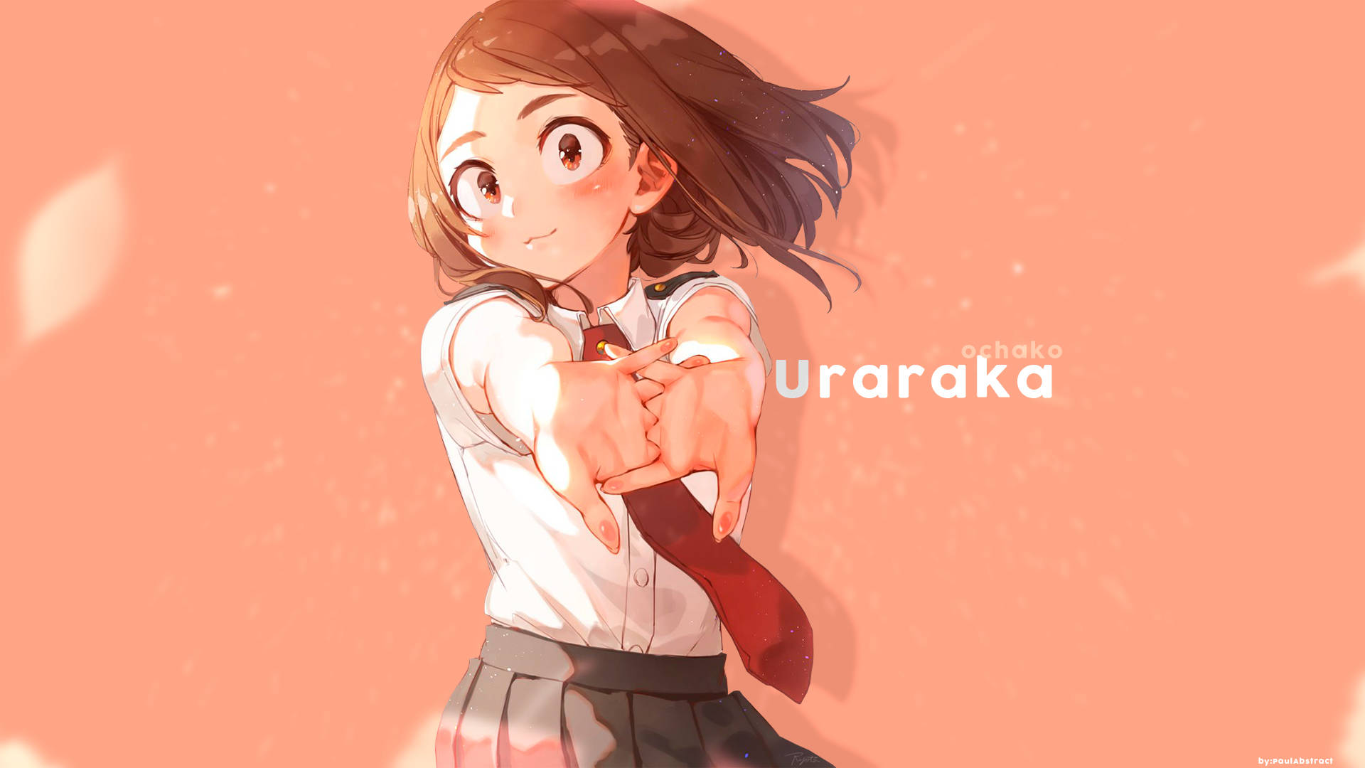 Uraraka 桌布 壁紙 — 動漫女學生穿著校服，在柔和蜜桃色背景上，頑皮地指向觀眾，周圍有飄浮花瓣。