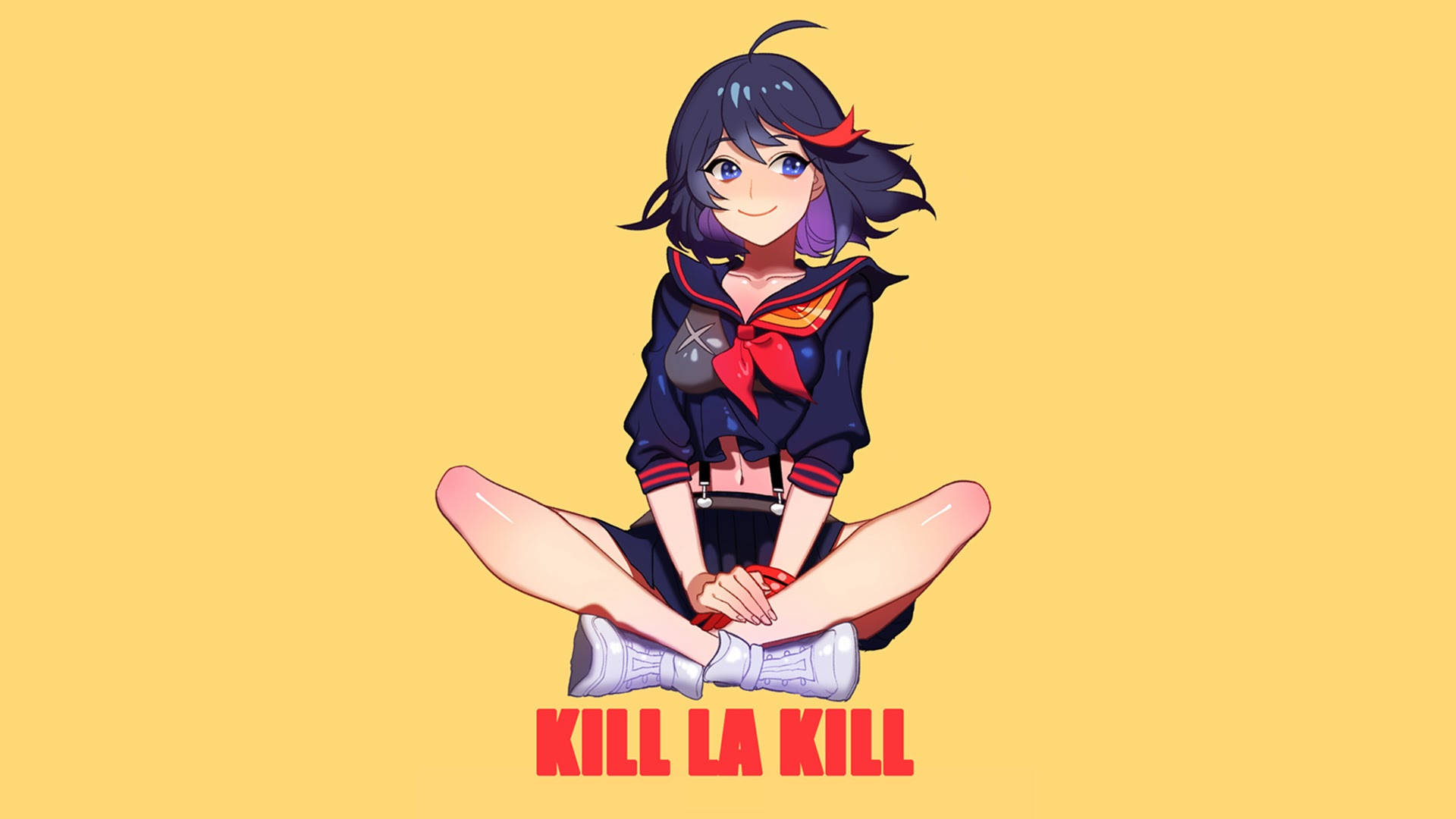 La 桌布 壁紙 — 動漫女學生穿著校服，盤腿坐在黃色背景上，下方有「KILL LA KILL」文字。