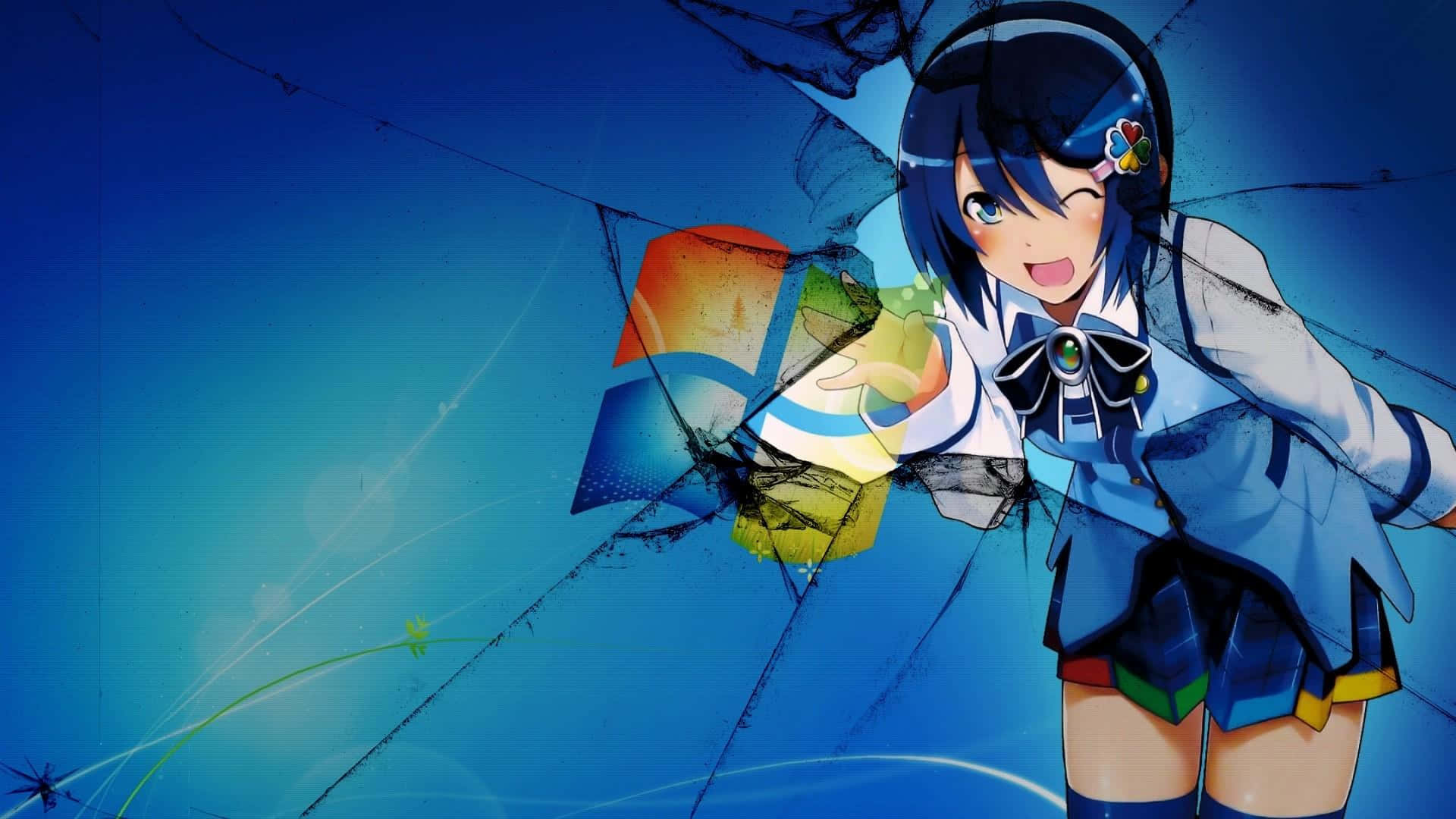 Cute Aesthetic Anime Desktop 桌布 壁紙 — 動漫女學生穿著校服，透過裂開的玻璃舉起Windows標誌，在藍色漸變背景前眨眼。