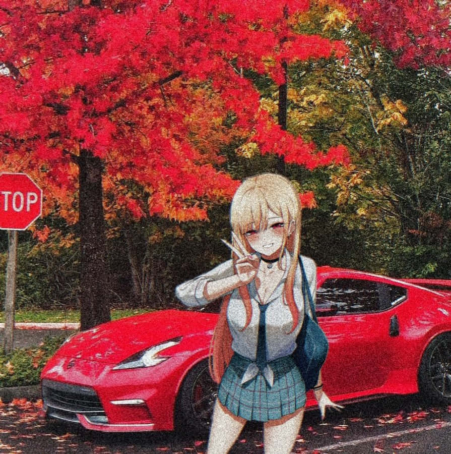 JDM 桌布 壁紙 — 動漫女學生身穿校服，在色彩繽紛的秋樹下與紅色跑車並排擺姿勢。
