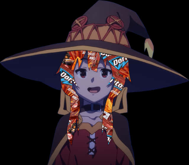 Megumin 桌布 壁紙 — 動漫女巫，頭髮是Dorito零食袋造型，戴寬邊帽，黑色背景。