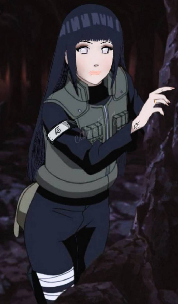 動漫女忍者在黑暗洞穴中表情嚴肅地指向前方。 — 日向 GIF 壁紙
