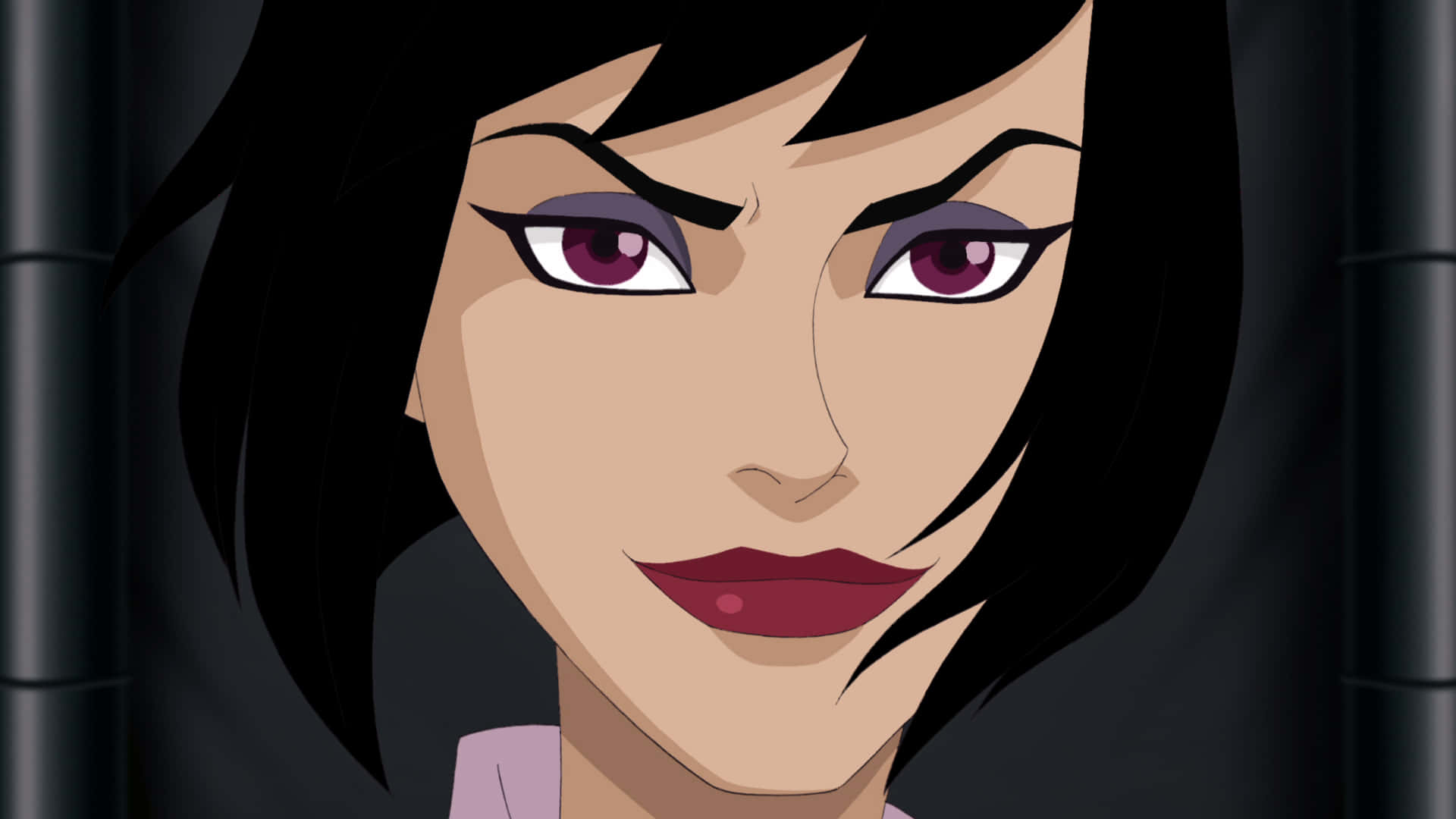 Superman Unbound 桌布 壁紙 — 動漫女性特寫，擁有銳利的紫色眼睛和深色頭髮，背景是陰暗的竹子。