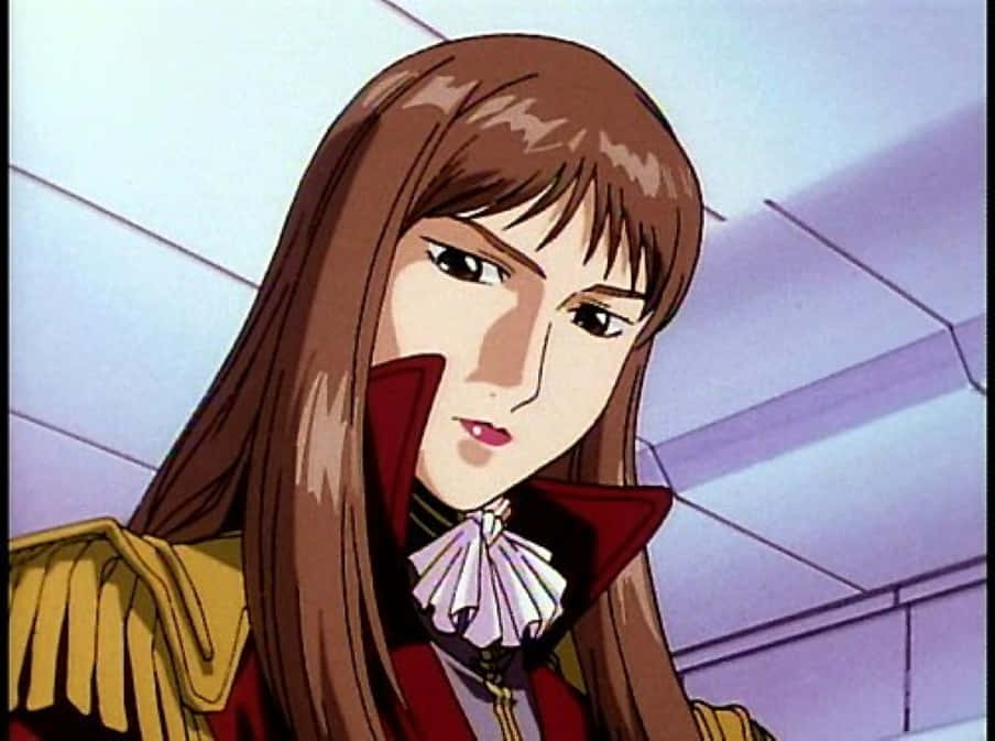 Lady Une 桌布 壁紙 — 動漫女性特寫，長棕色頭髮，穿著紅金色軍裝，配有白色荷葉邊領。