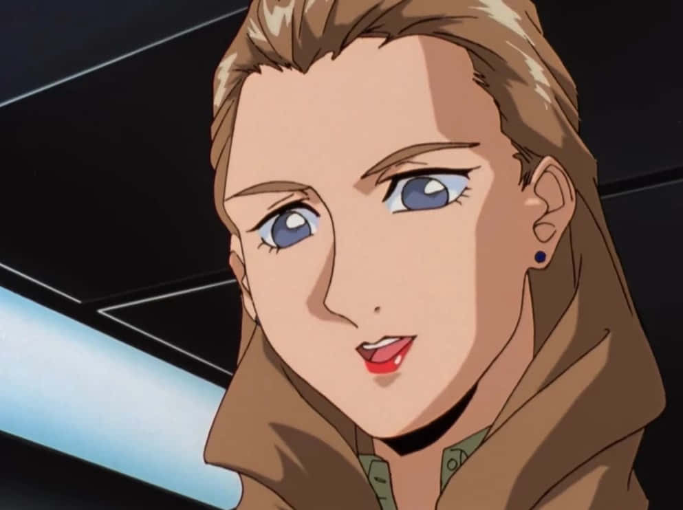 Gundam Wing Sally Po 桌布 壁紙 — 動漫女性藍眼睛棕色頭髮穿著棕色外套，在黑暗未來背景下的特寫。