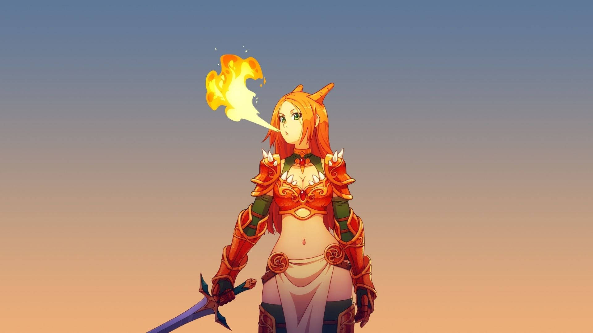 Fire Girl 桌布 壁紙 — 動漫女戰士，橙色頭髮和角，在漸變天空下持劍噴火。