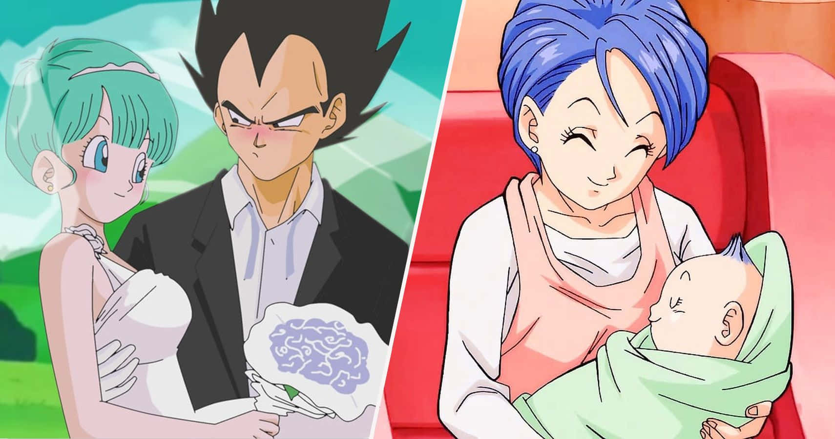 Vegeta's Family 桌布 壁紙 — 動漫婚禮場景，達爾和布瑪拿著腦形花束，旁邊有一位平靜的藍髮女子懷抱著嬰兒。