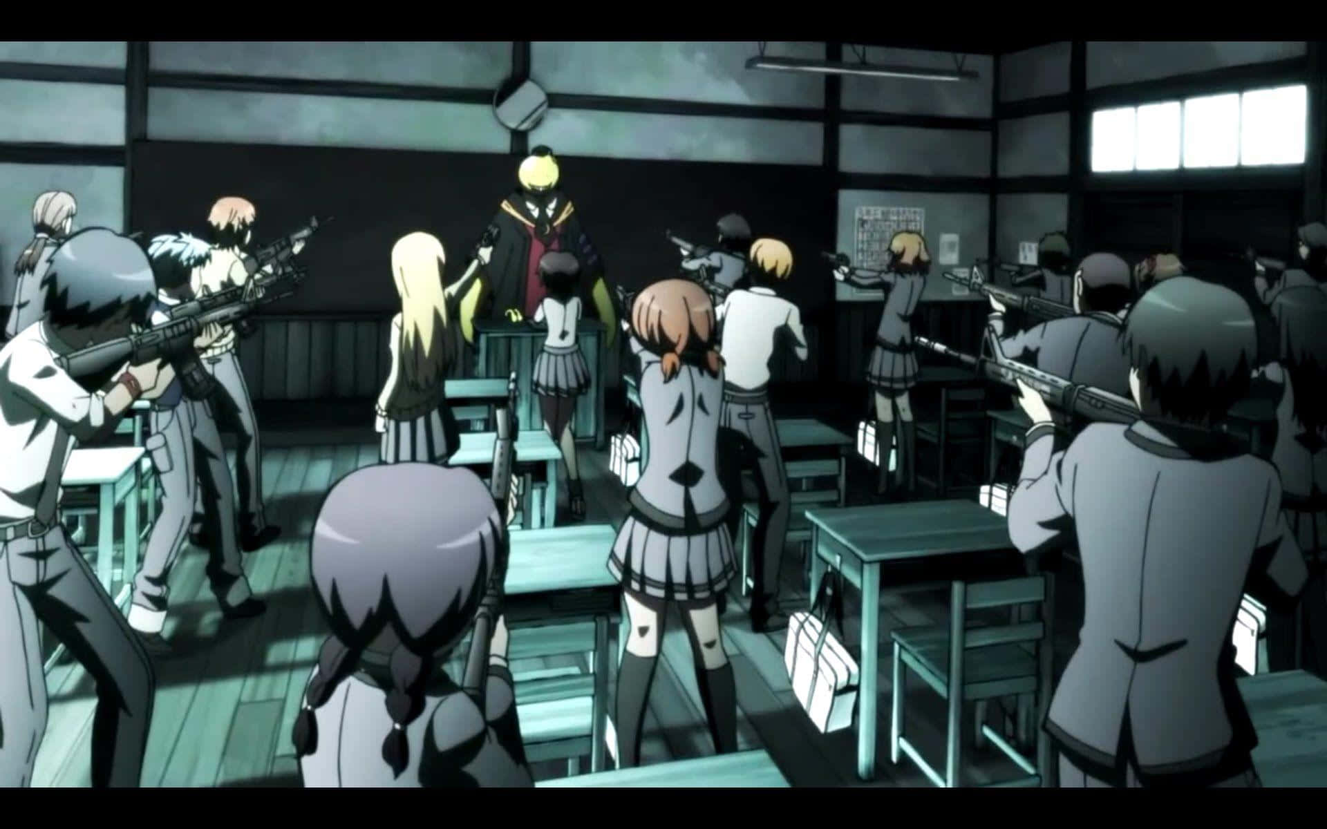 Assassination Classroom 桌布 壁紙 — 動漫學生穿著校服在昏暗燈光下於緊張的教室對峙中瞄準步槍。