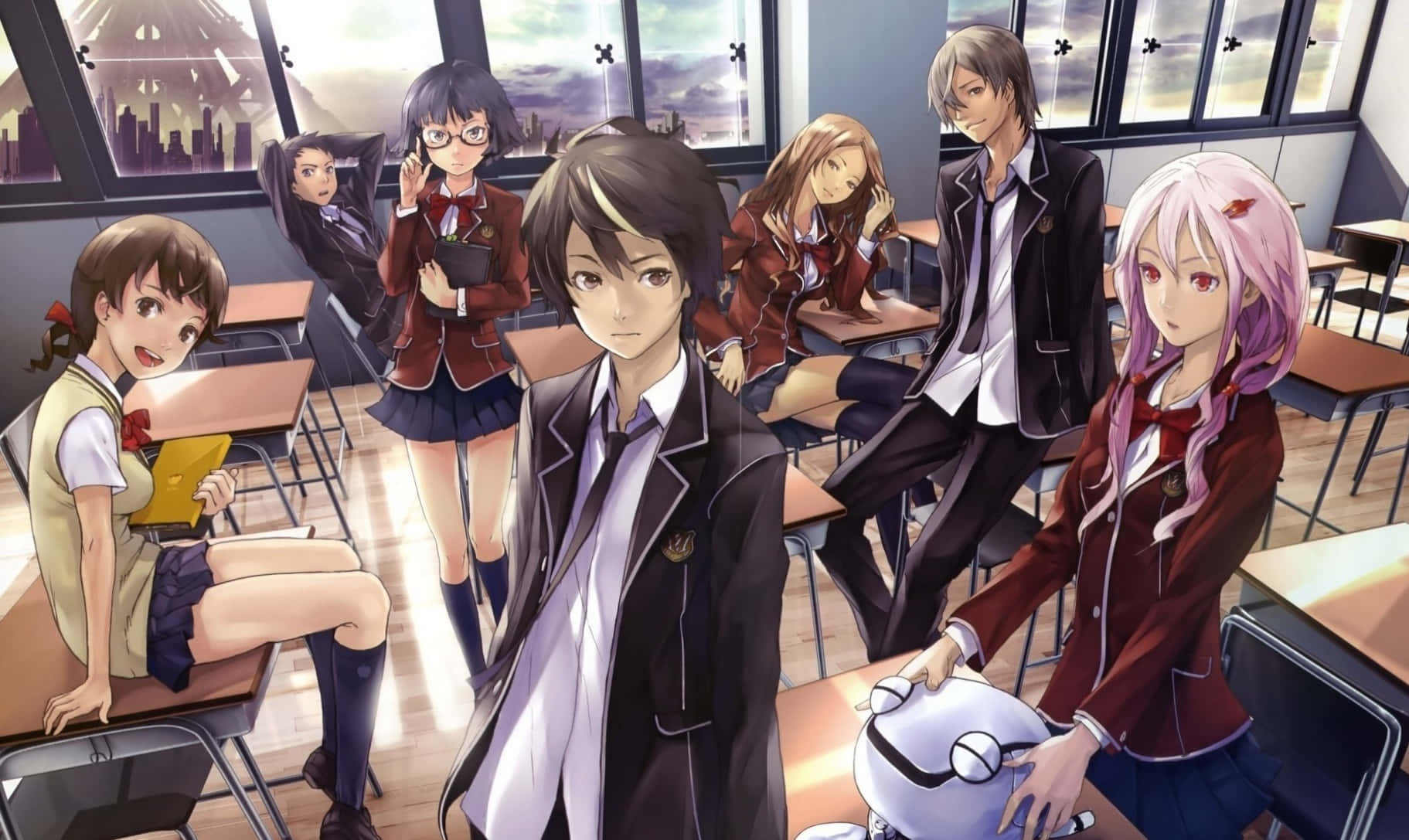 Guilty Crown 桌布 壁紙 — 動漫學生穿著校服在陽光普照的教室裡擺姿勢，身後是城市景觀的窗戶。