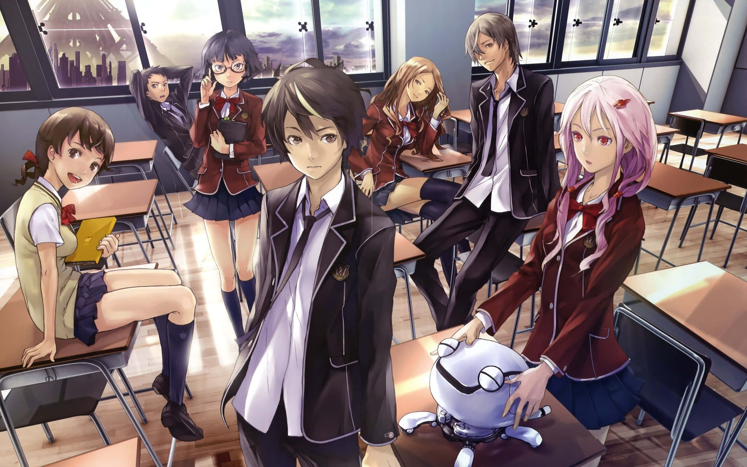 Anime Group 桌布 壁紙 — 動漫學生穿著校服在陽光普照的教室裡擺姿勢，窗外是城市景觀，還有一個機器人同伴。