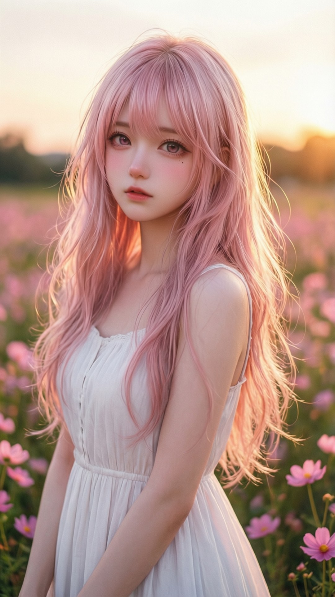 動漫少女在粉紅花田中 壁紙