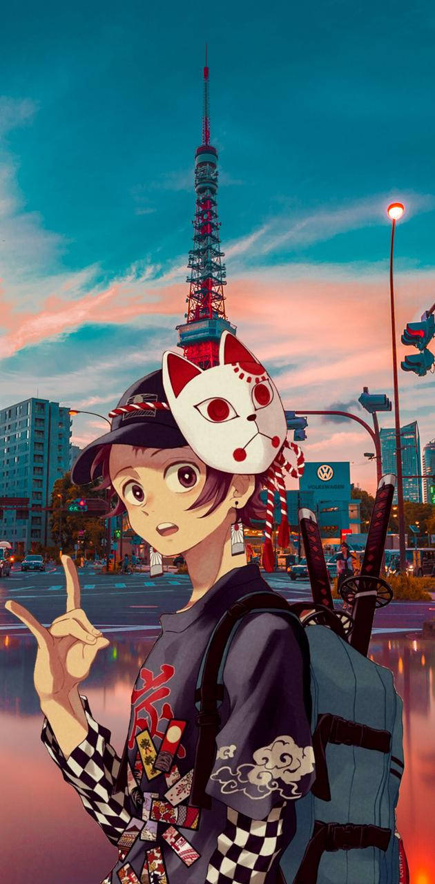 Pfp 桌布 壁紙 — 動漫少女戴著狐狸面具和武士刀，站在日落時分雨中的東京街道上，背後東京塔閃閃發光。