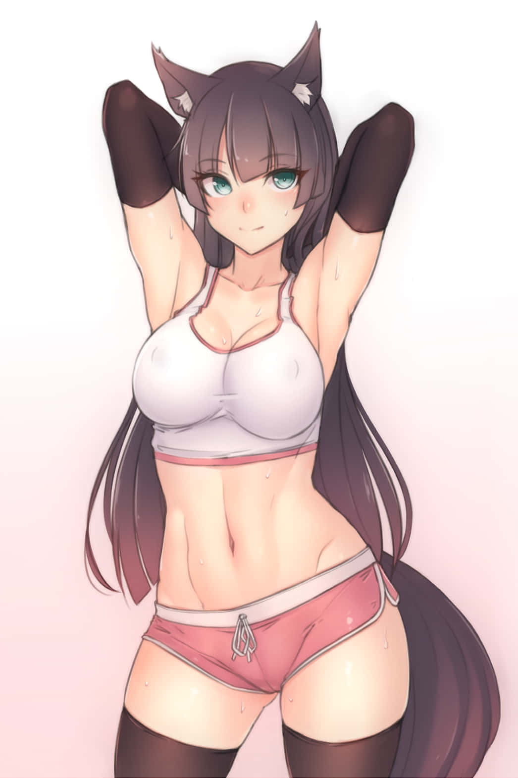 動漫女孩 桌布 壁紙 — 動漫少女戴著貓耳和尾巴，在柔和的粉紅色背景前以俏皮的姿勢伸展雙臂。
