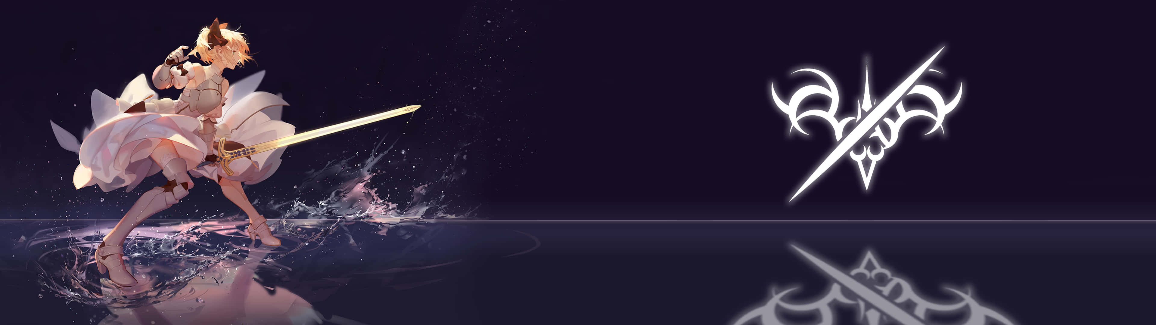 3840 X 1080 Anime HD 桌布 壁紙 — 動漫少女持劍跳過黑暗的水面，在閃爍的月光下留下飛濺痕跡。