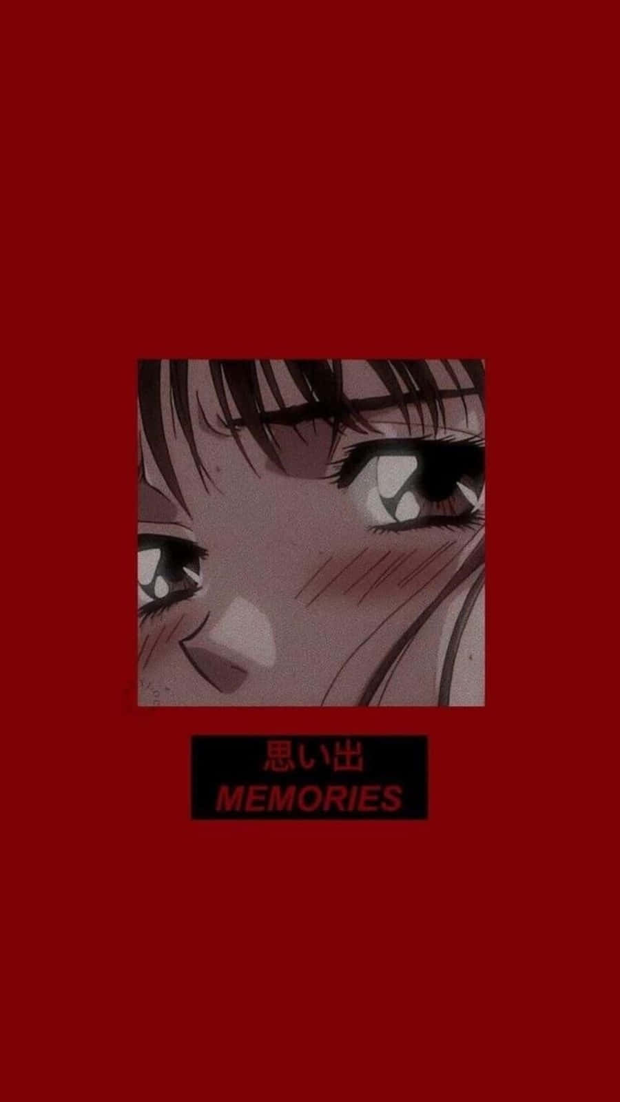 Red Anime 桌布 壁紙 — 動漫少女淚眼朦朧的特寫，背景為深紅色，帶有「MEMORIES」文字。