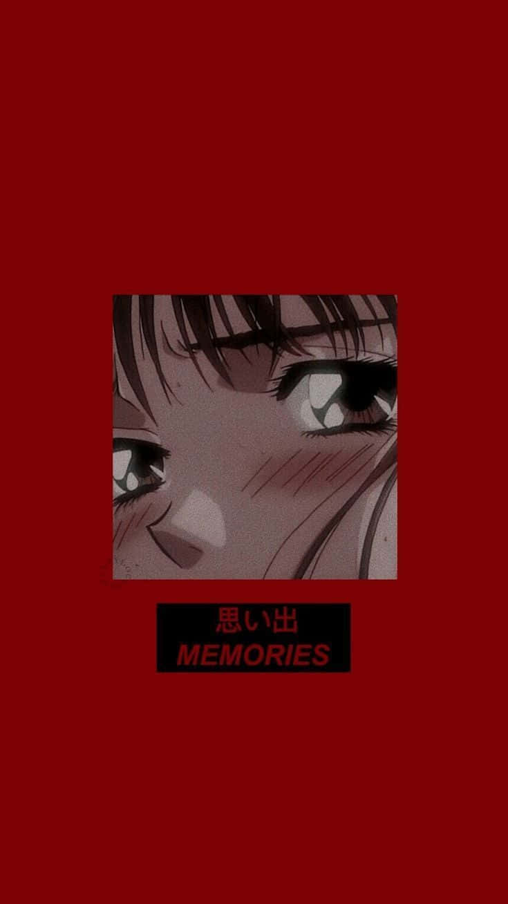 桌布 壁紙 — 動漫少女淚眼汪汪的特寫，背景為深紅色，帶有「MEMORIES」文字。