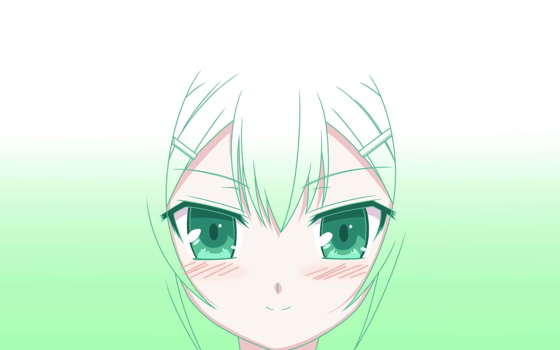 Test 桌布 壁紙 — 動漫少女特寫，擁有充滿活力的綠色眼睛和淺綠色頭髮，背景為柔和漸變色。