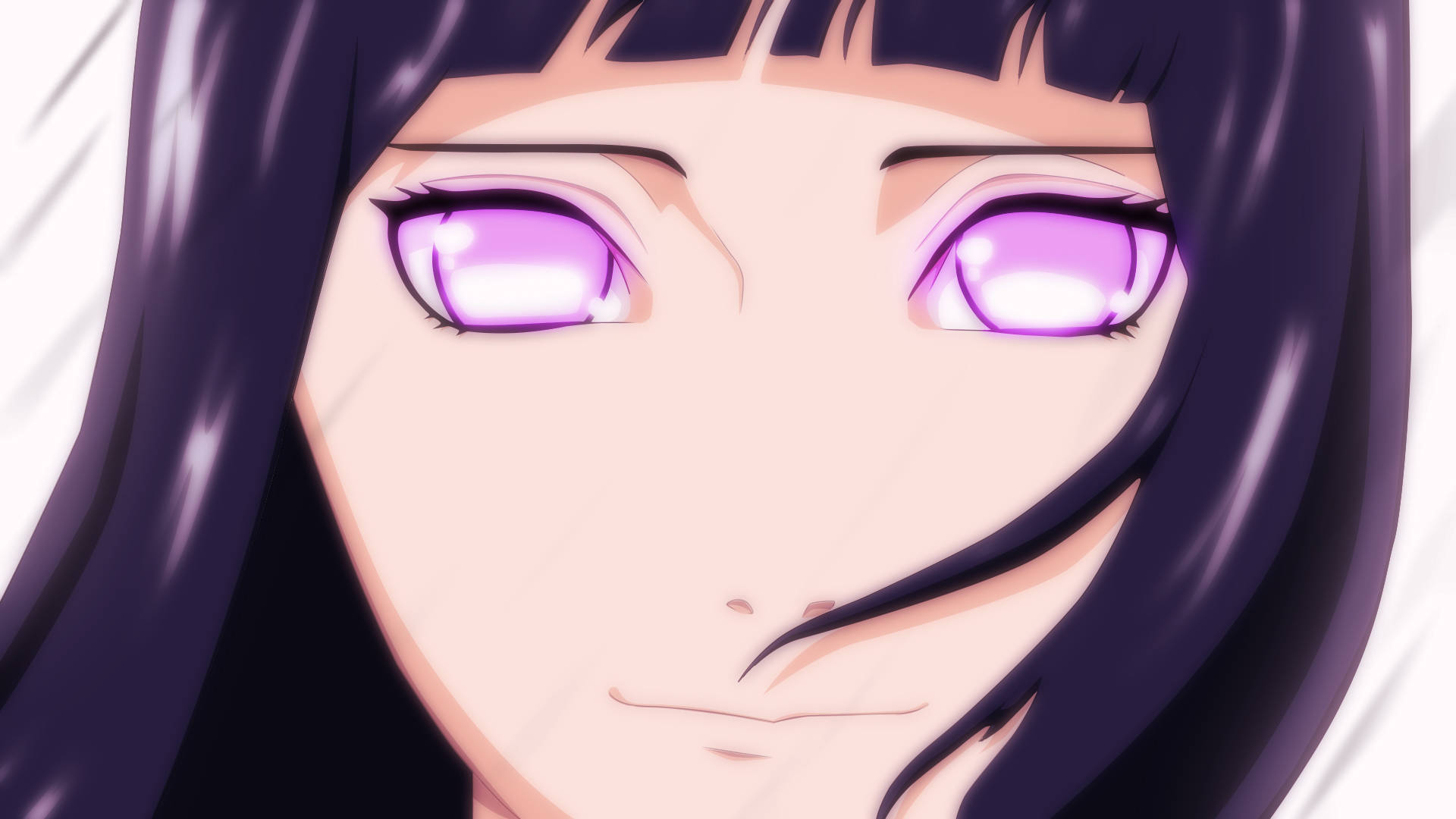 Hinata Hyuga 桌布 壁紙 — 動漫少女特寫，擁有發光的紫色眼睛和深色頭髮，背景為明亮的白色。