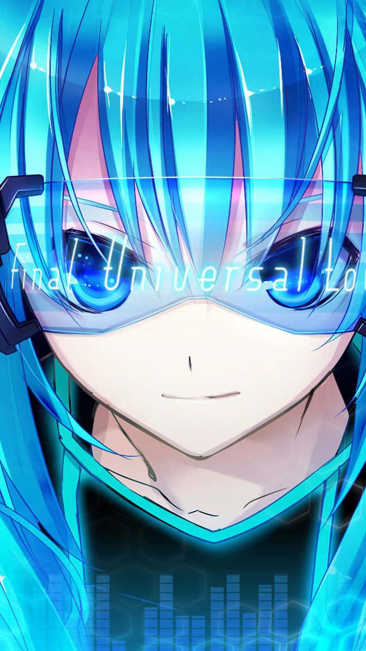 Cool Anime Blue 桌布 壁紙 — 動漫少女特寫，擁有鮮豔藍色頭髮和發光眼睛，戴著未來感護目鏡，背景為數位音訊波形。