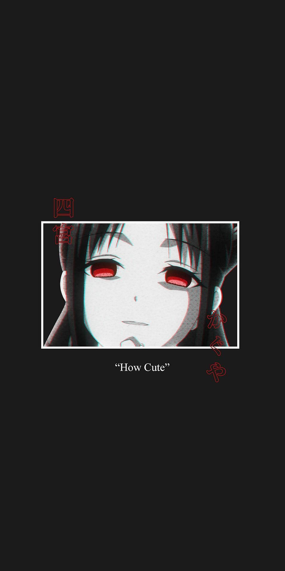暗黑動漫風格GIF 桌布 壁紙 — 動漫少女特寫，紅眼黑髮，白色邊框，黑色背景上有紅色漢字。