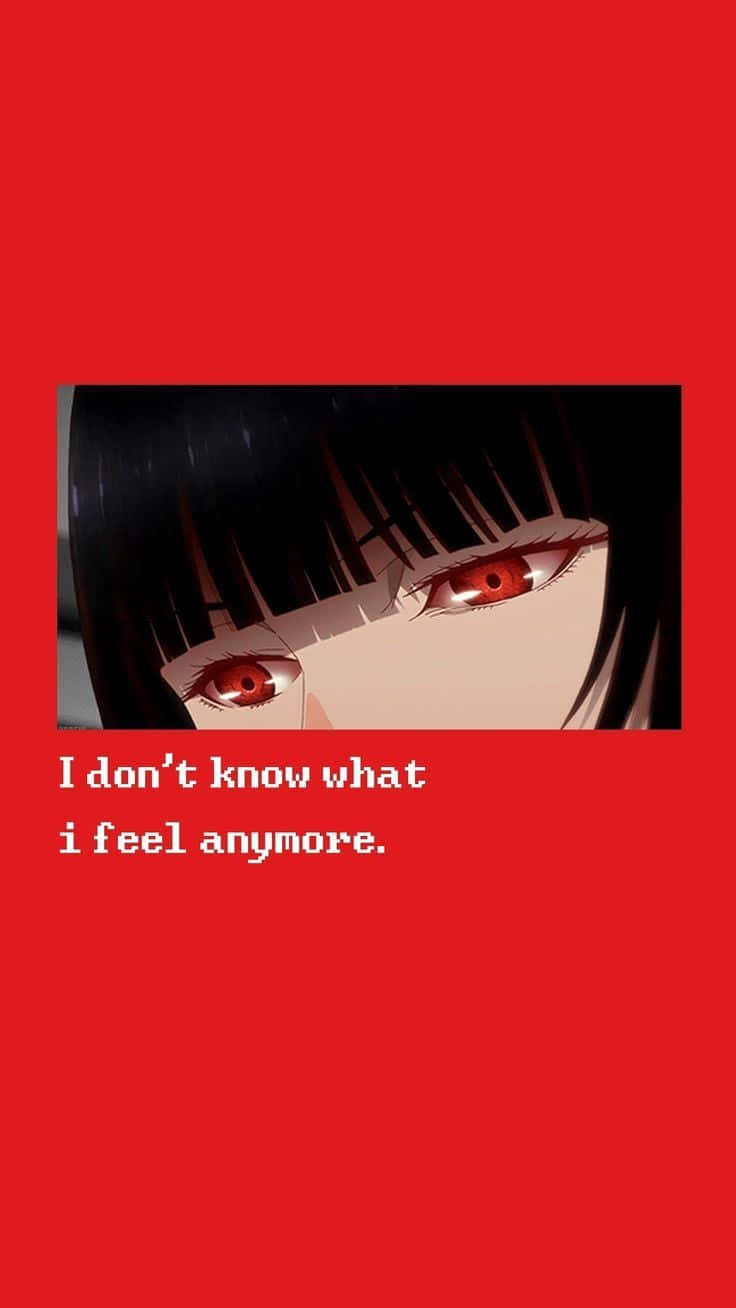 Red Anime 桌布 壁紙 — 動漫少女特寫，紅眼黑髮，純紅色背景上覆蓋文字。