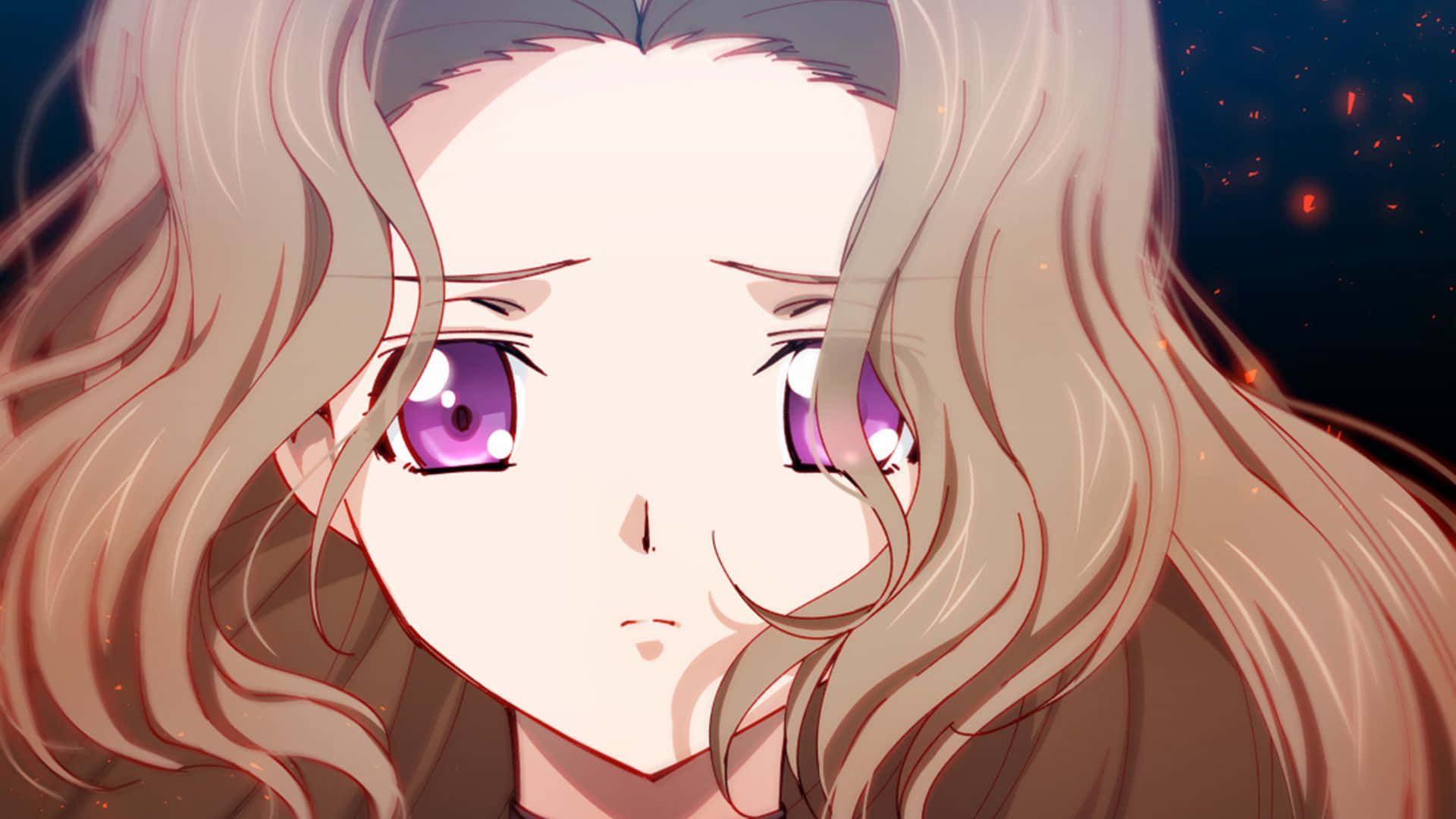 Nunnally Lamperouge 桌布 壁紙 — 動漫少女特寫，長長波浪金髮，紫色眼眸，在黑暗背景中柔和凝視，周圍有發光的餘燼。
