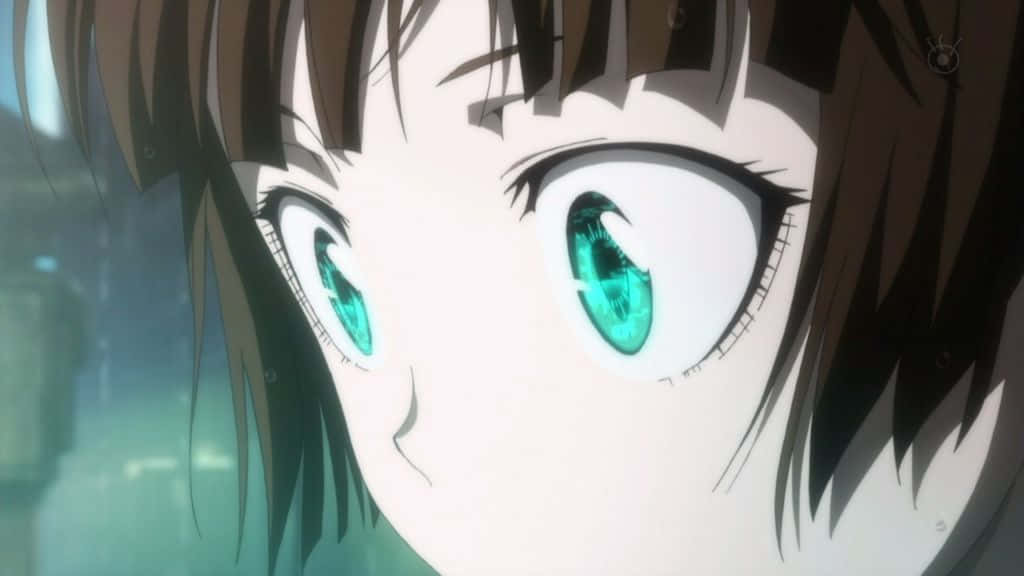 Akane Tsunemori 桌布 壁紙 — 動漫少女的特寫，擁有引人注目的藍綠色眼睛和棕色頭髮，專注地向前凝視。