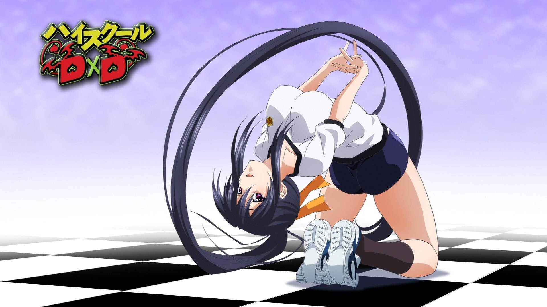 Dxd 桌布 壁紙 — 動漫少女穿著校服，在紫色漸層背景的方格地板上動態擺姿勢，長長的黑髮旋轉成圓圈。