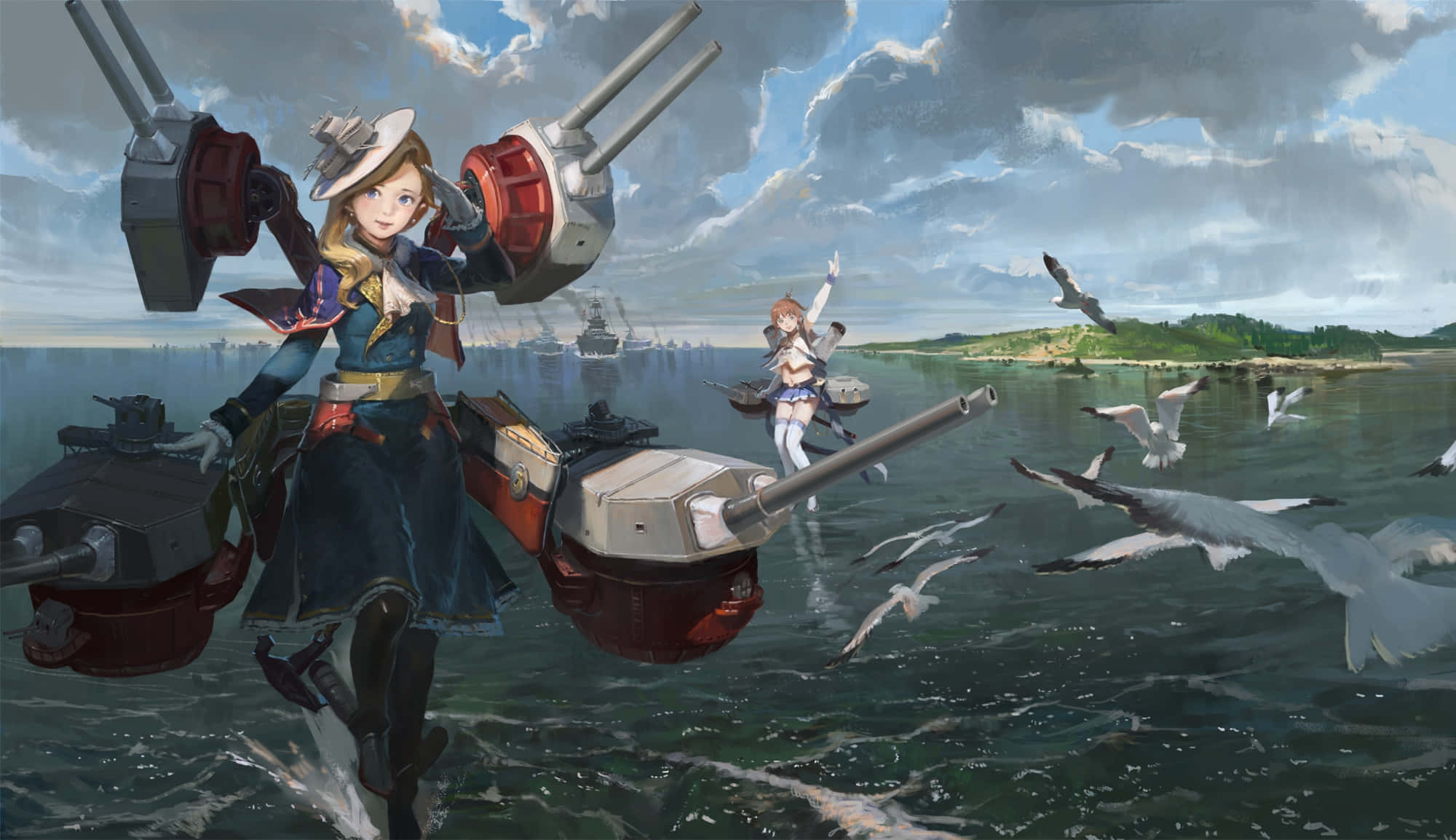 碧藍航線 桌布 壁紙 — 動漫少女穿著水手服騎乘巨型軍艦穿越暴風雨的海域，海鷗在頭頂飛翔。