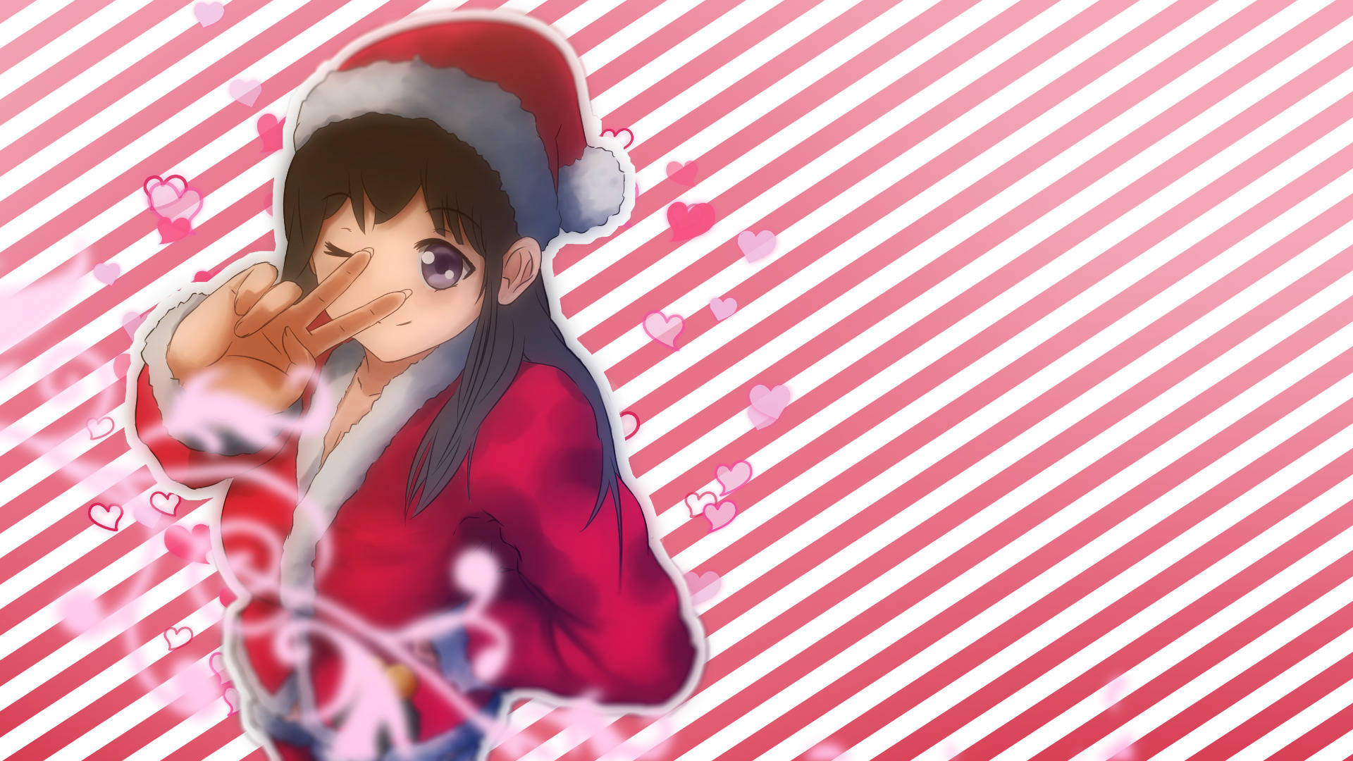動漫女孩 桌布 壁紙 — 動漫少女穿著紅色聖誕老人服裝，在粉紅條紋背景上眨眼並比出和平手勢，周圍有漂浮的心形。