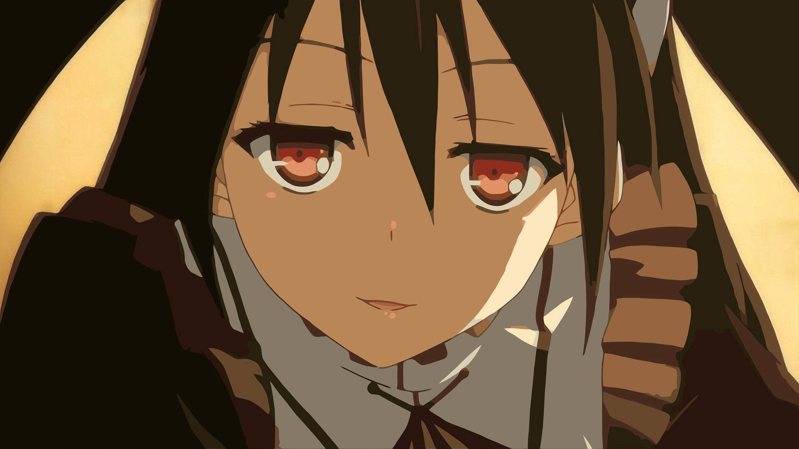Animated 桌布 壁紙 — 動漫少女紅眼黑髮的特寫，直視觀眾，帶著溫柔的微笑。