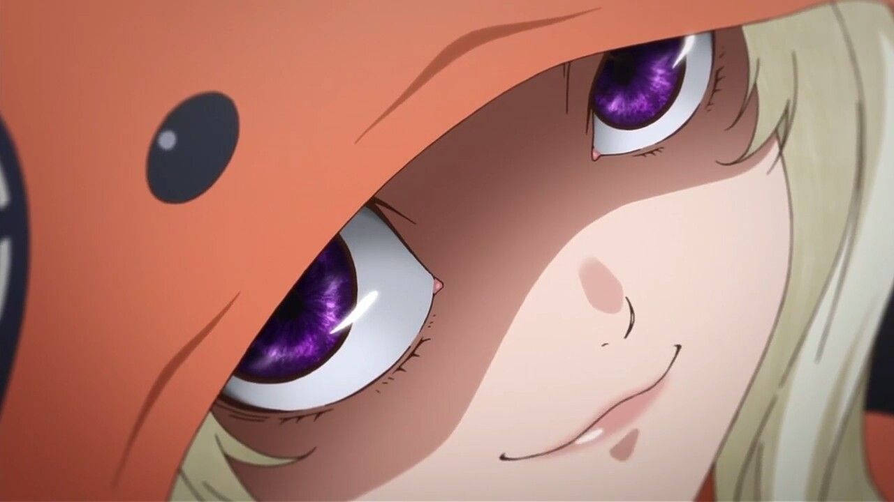 Runa Yomozuki 桌布 壁紙 — 動漫少女紫色眼睛金色頭髮從橙色連帽衫下探出頭來的特寫。
