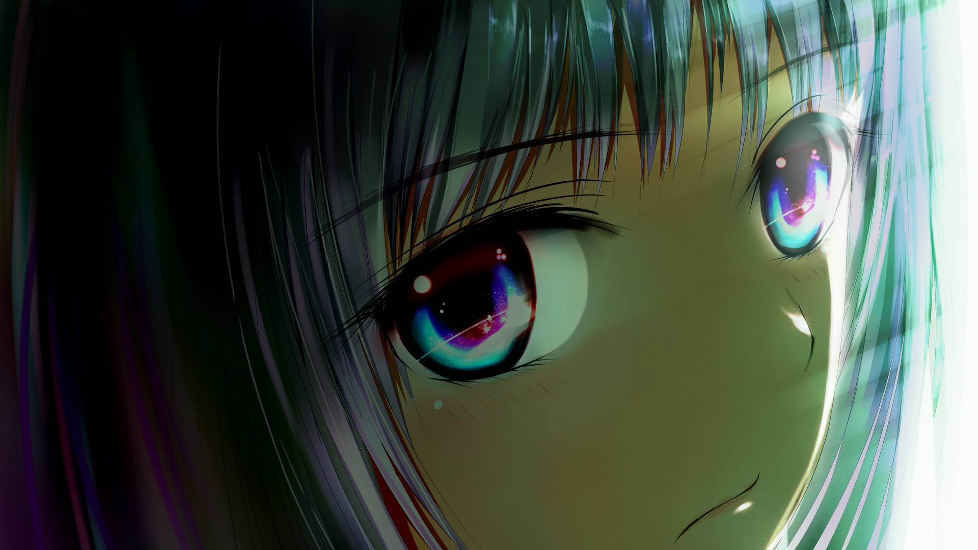 動漫少女，眼睛發光，臉上帶有淚水。