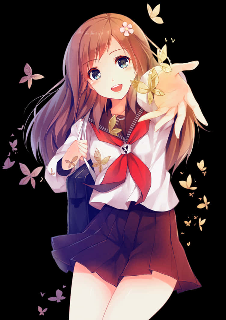 動漫少女與蝴蝶與櫻花 — 動漫女孩 壁紙