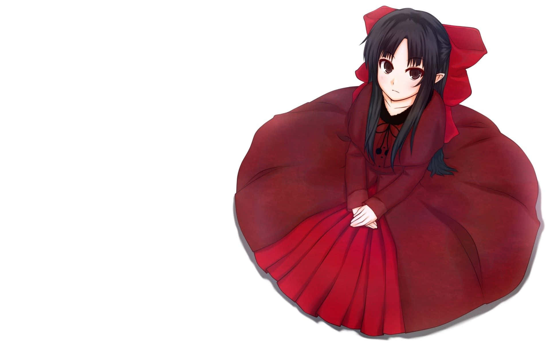 動漫少女身穿紅色連衣裙在白色背景上靜靜坐著。 — 紅色美學動圖 壁紙