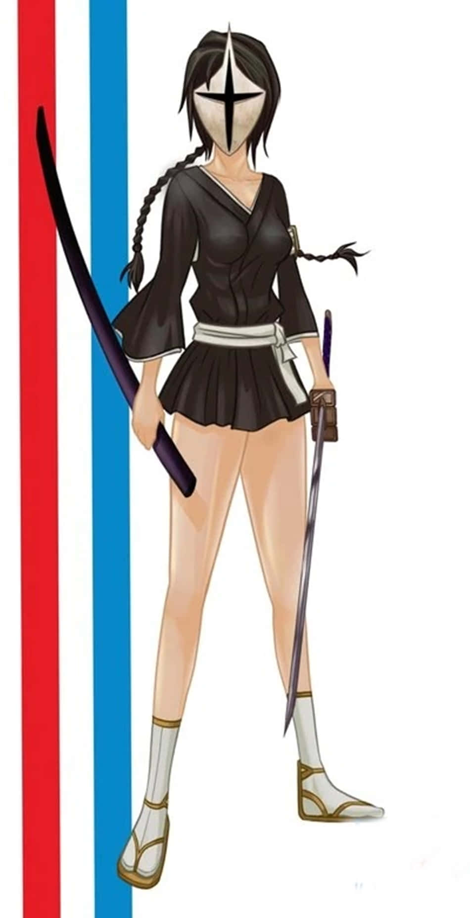 Lisa Yadomaru 桌布 壁紙 — 動漫少女身穿黑色忍者服，戴白色面具，手持雙刀，站在紅、藍、白垂直條紋前。
