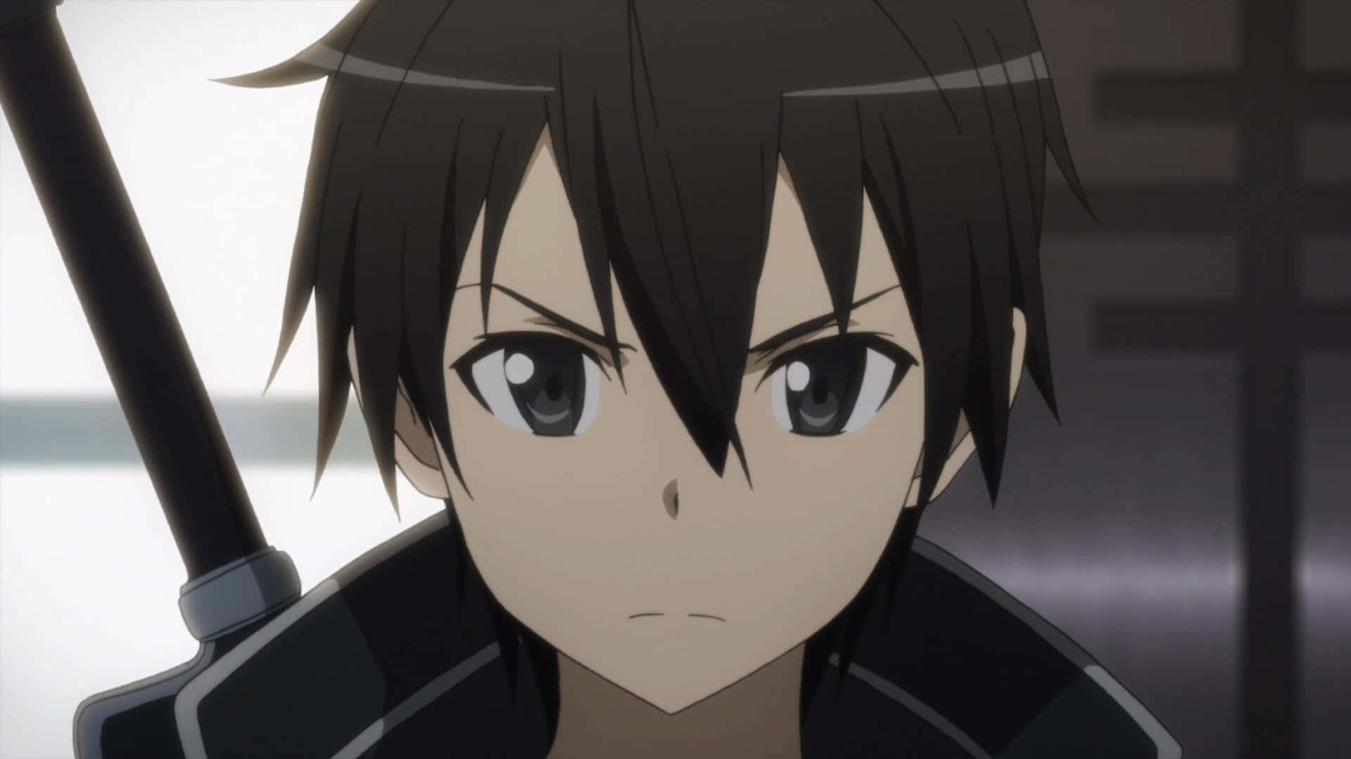 Kazuto Kirigaya 桌布 壁紙 — 動漫少年特寫，深色頭髮，眼神嚴肅，手持劍，背景模糊。