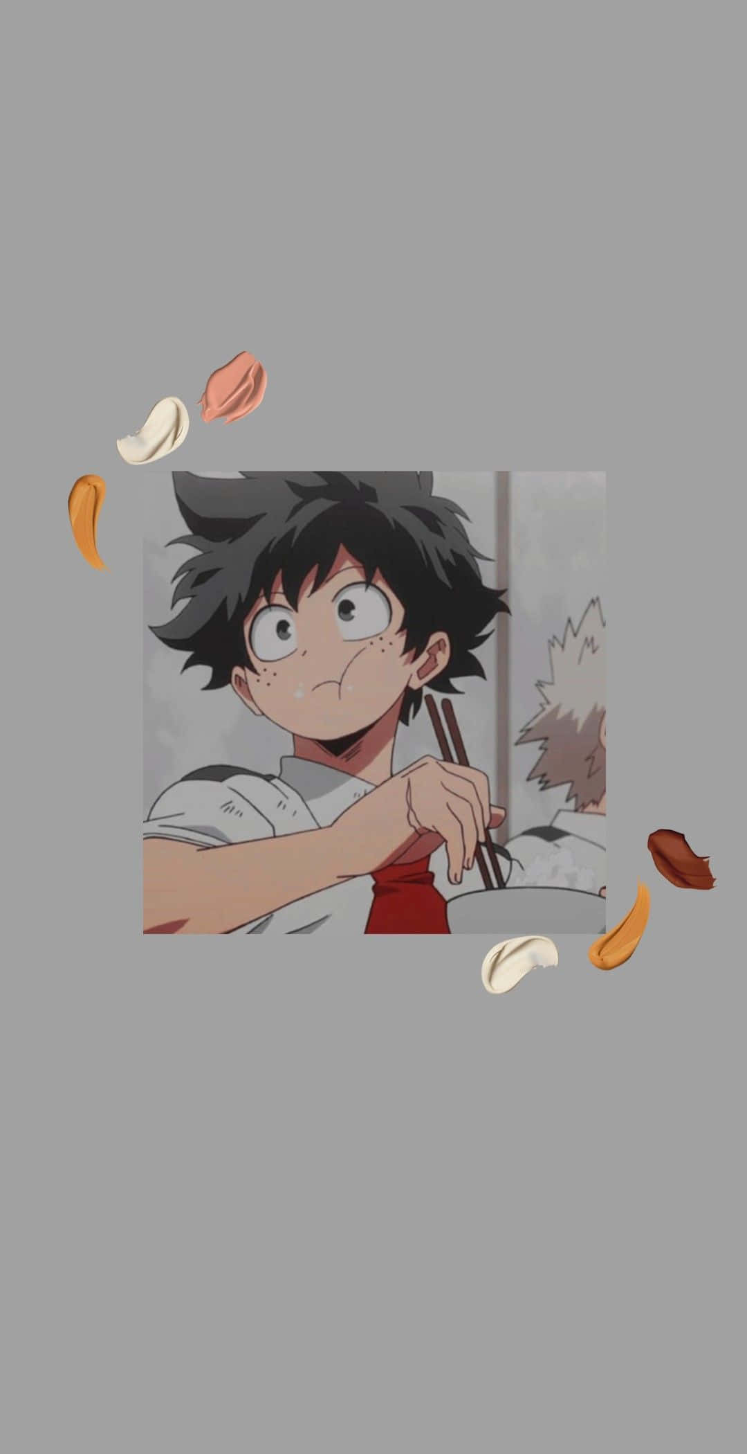 Aesthetic Deku 桌布 壁紙 — 動漫廚師，黑色亂髮，紅色圍裙，拿著筷子，表情驚訝，周圍漂浮著食物。