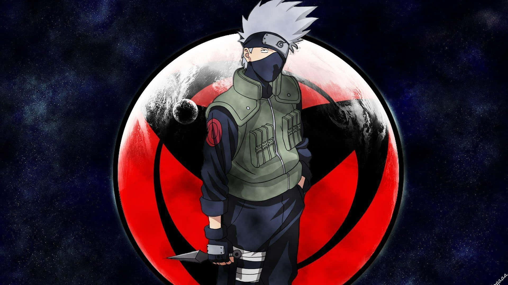Mangekyou Sharingan 桌布 壁紙 — 動漫忍者，白色尖刺頭髮，戴著面具，自信地握著苦無，背景是宇宙，帶有紅色螺旋符號。