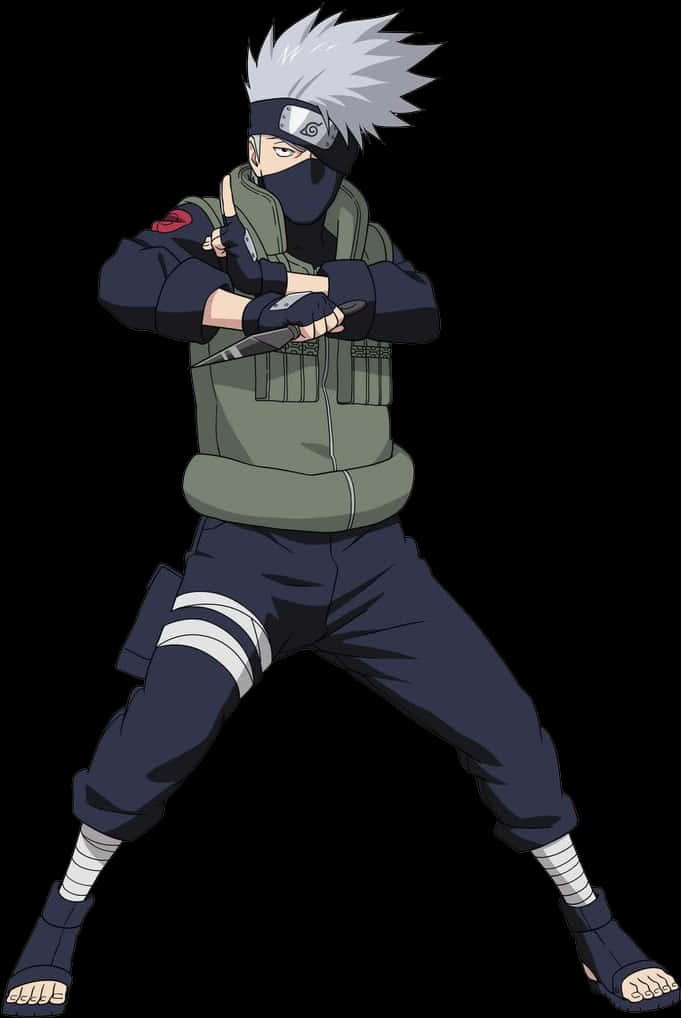 Anime Character 桌布 壁紙 — 動漫忍者，白色尖刺頭髮，戴面具，手持苦無，黑色背景，擺出戰鬥姿勢。